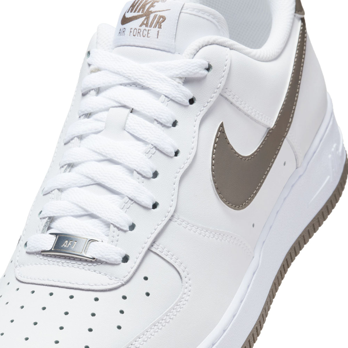 Nike men's Air Force 1 '07 sneakers in White and Cave Stone leather with classic low-top design