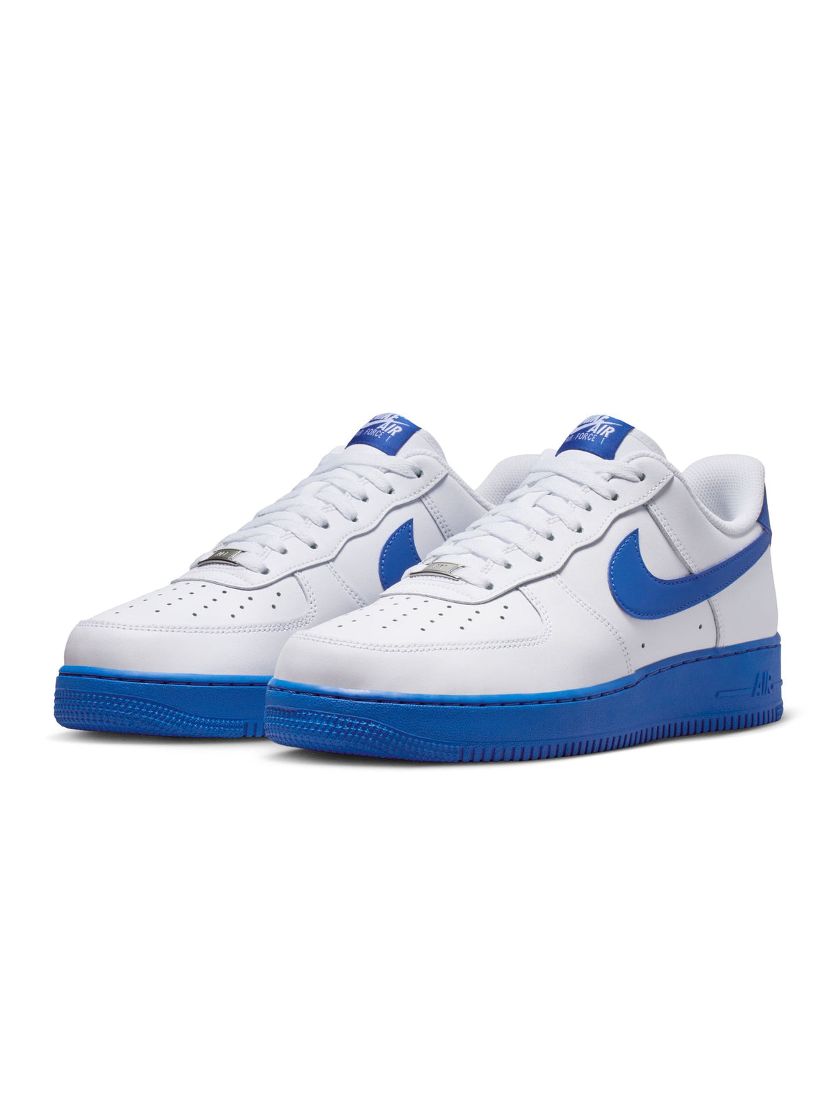 Nike men's Air Force 1 '07 sneakers in white and royal blue leather with classic low-top design