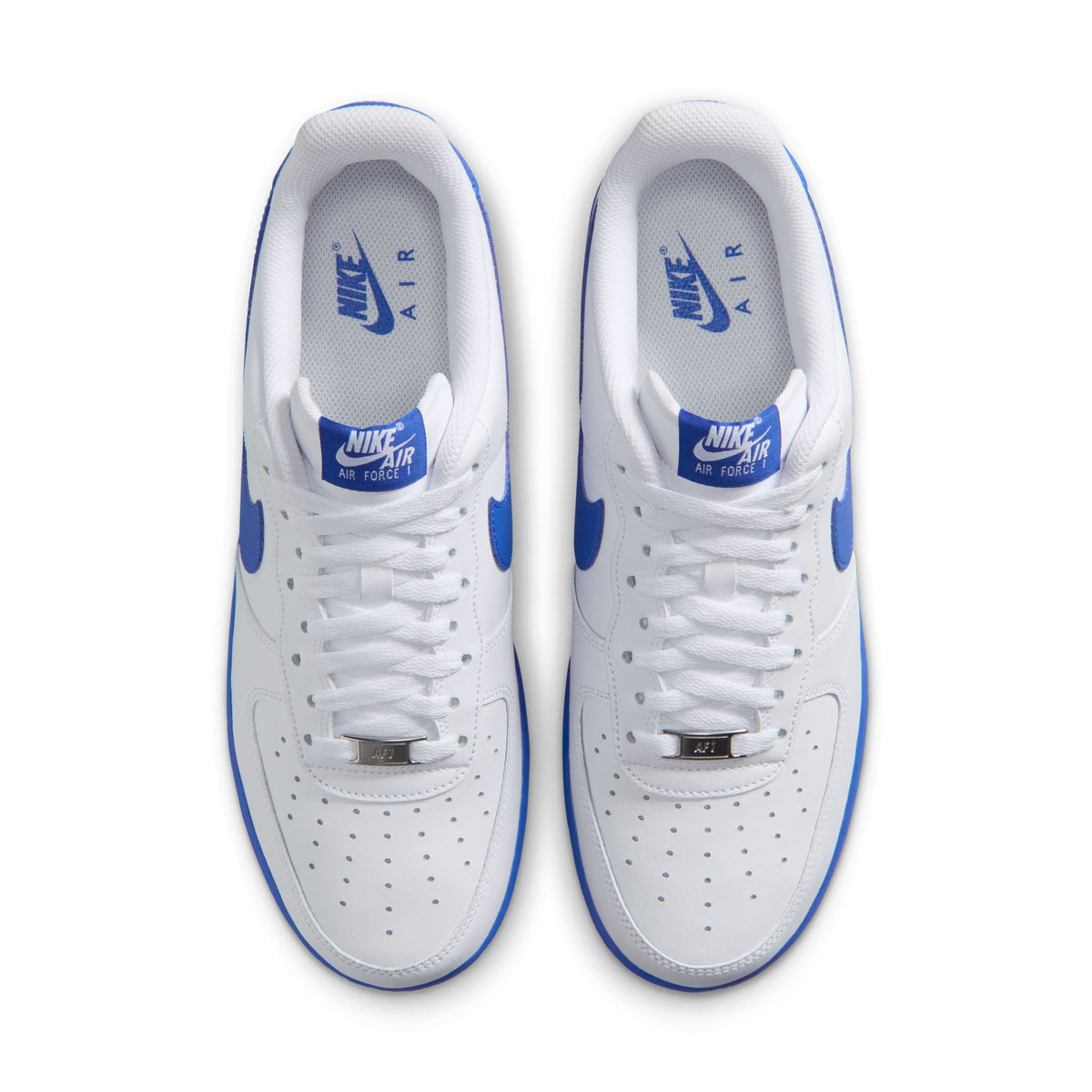 Men's Nike Air Force 1 '07 sneakers in white with royal blue accents, side view