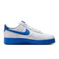 Nike men's Air Force 1 '07 white and royal blue sneakers, side view