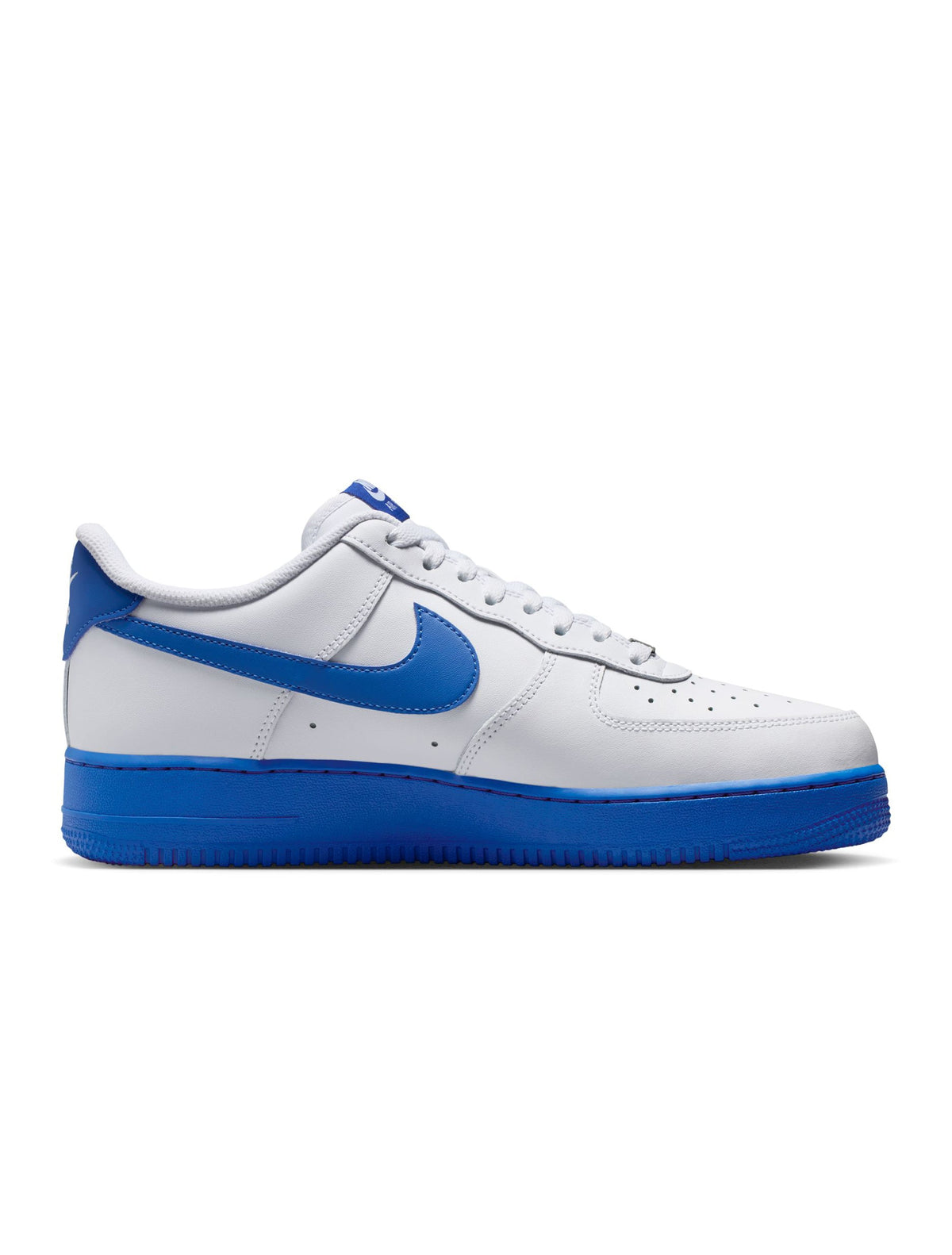 Nike men's Air Force 1 '07 white and royal blue sneakers, side view