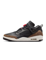 Men's Air Jordan Spizike Low sneakers in black and university red, featuring a stylish athletic design and signature branding.