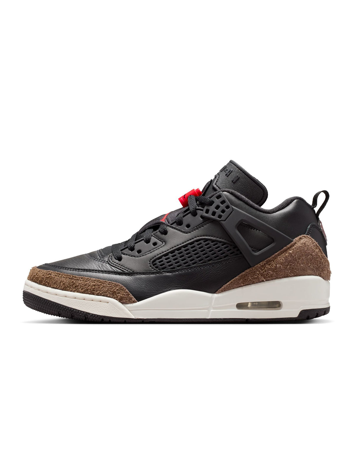 Men's Air Jordan Spizike Low sneakers in black and university red, featuring a stylish athletic design and signature branding.