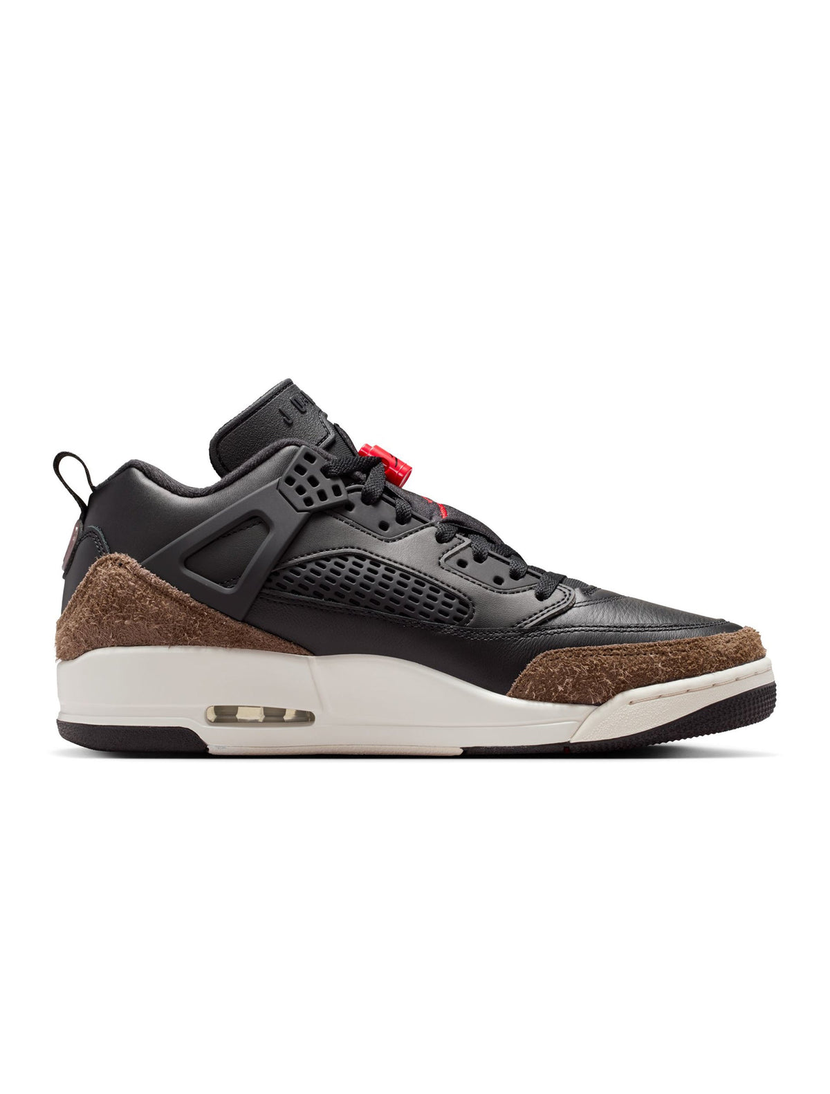Men's Air Jordan Spizike Low sneakers in black and university red, featuring a stylish low-top design with Nike branding.