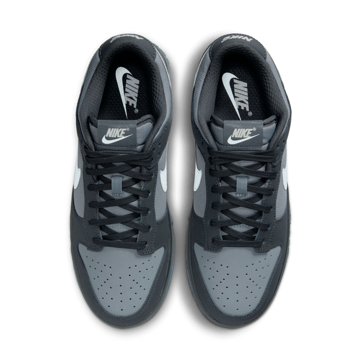 Nike Mens Dunk Low Pure Platinum sneakers, showcasing grey and white leather footwear with Nike branding.