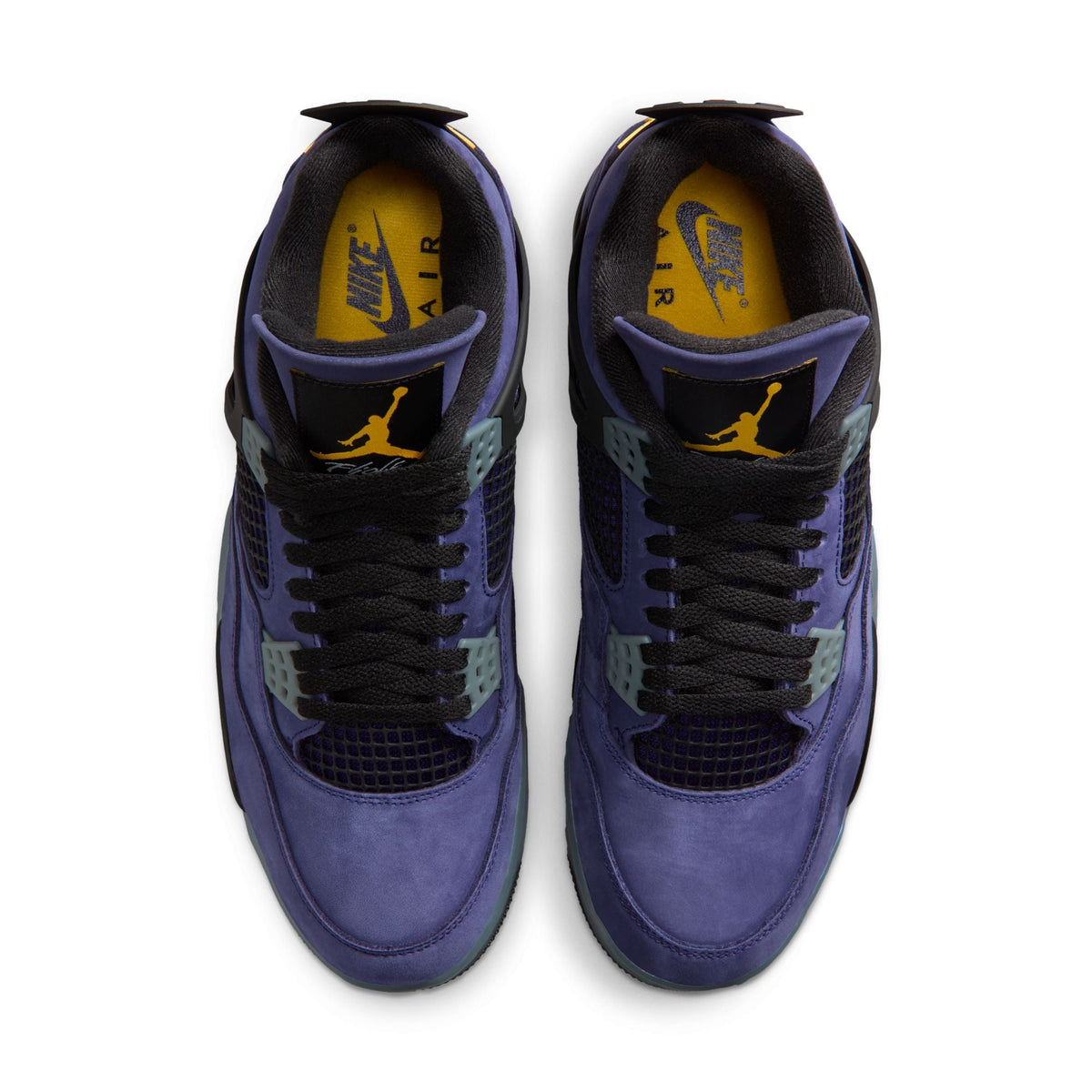 Air Jordan Men's 4 Retro Lakers sneakers by Denim Exchange in purple and gold colorway
