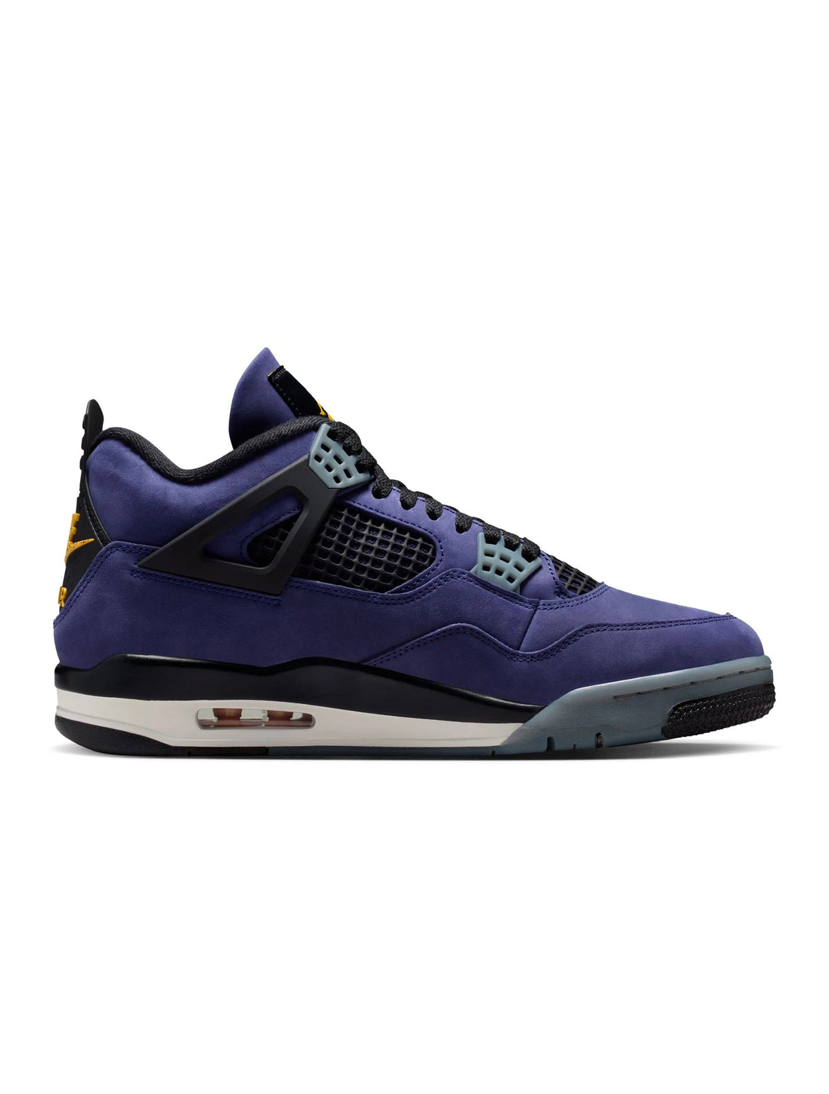 Denim Exchange Air Jordan Men's 4 Retro Lakers purple and gold sneakers pair side view