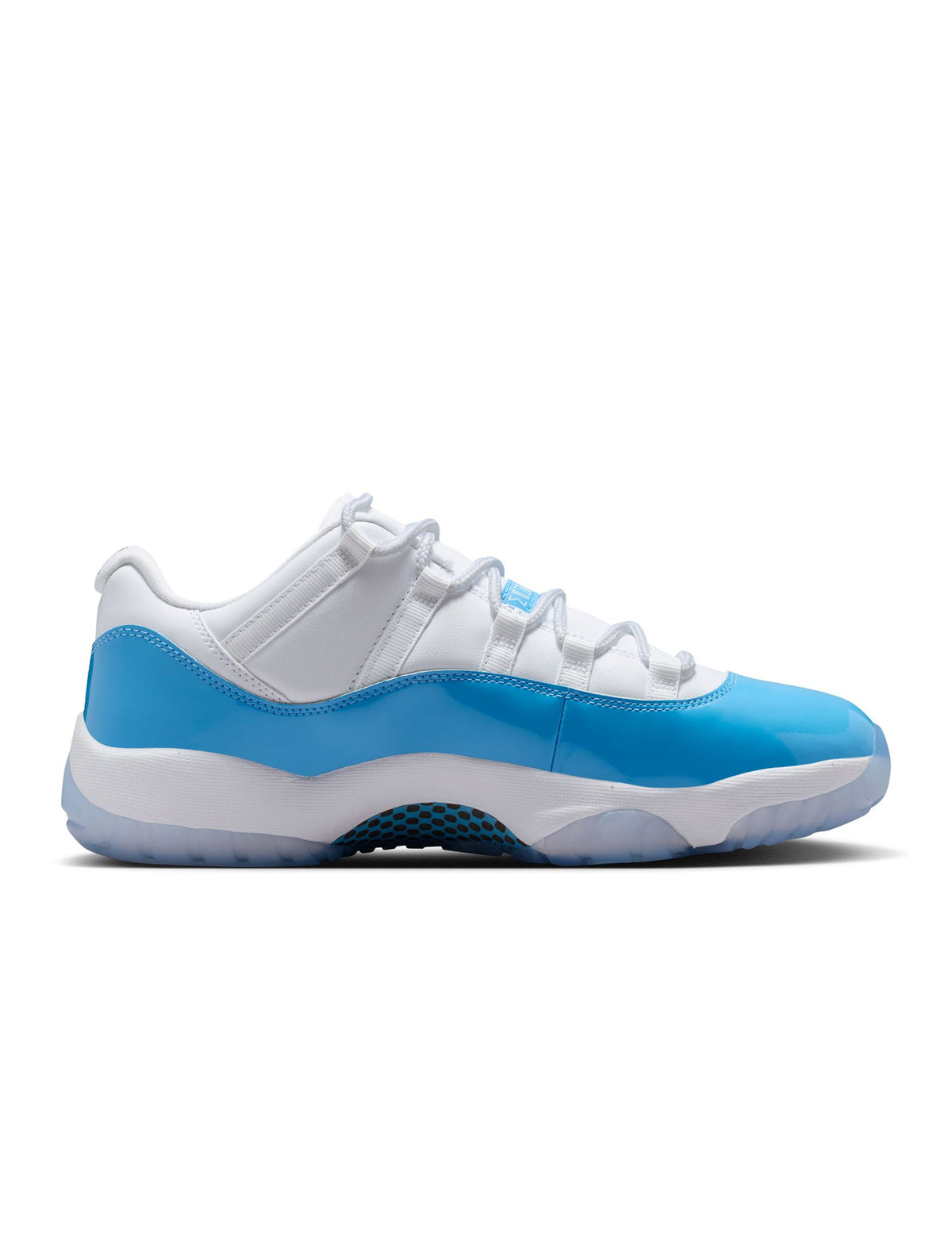 Men's Air Jordan 11 Retro Low University Blue sneakers with white and blue design, featuring sleek low-top footwear style.