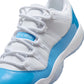Men's Air Jordan 11 Retro Low University Blue sneakers in a classic low-top design, featuring blue leather and white accents.