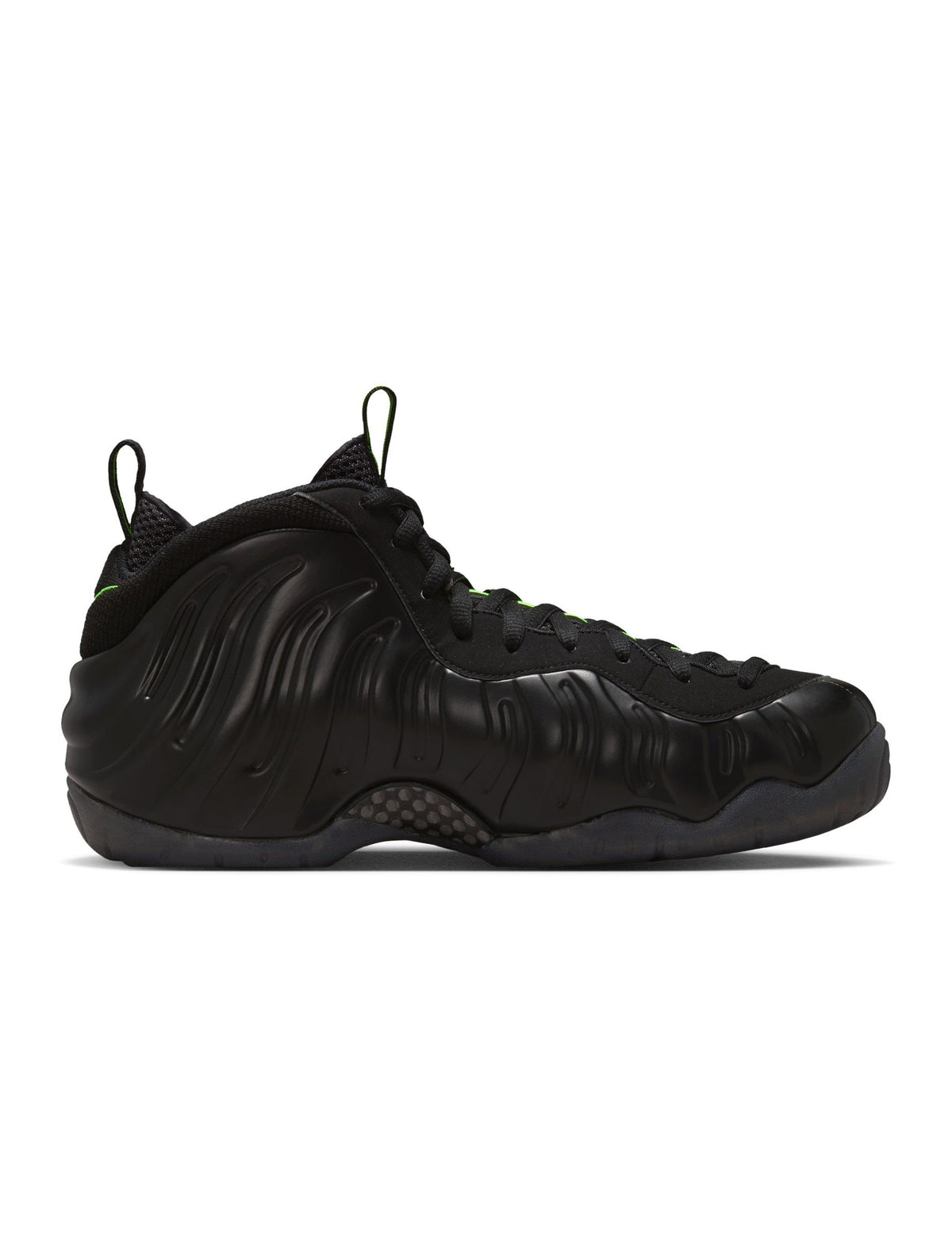 Nike men's Air Foamposite Pro sneakers in black and Voltage colorway, featuring a sleek design and bold color accents.