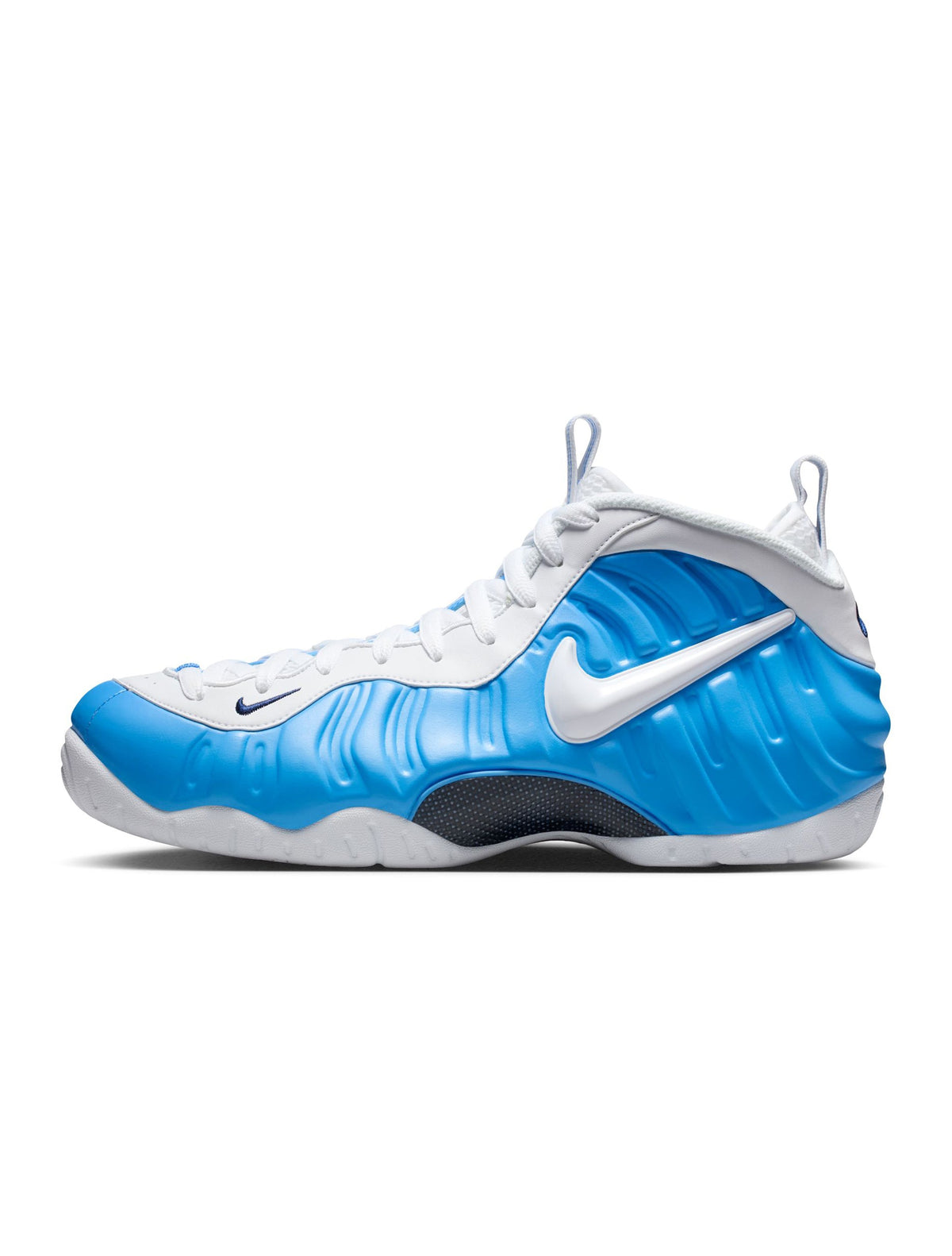 Nike Mens Air Foamposite Pro University Blue sneakers, featuring a sleek design and bold blue color, displayed on a clean background.