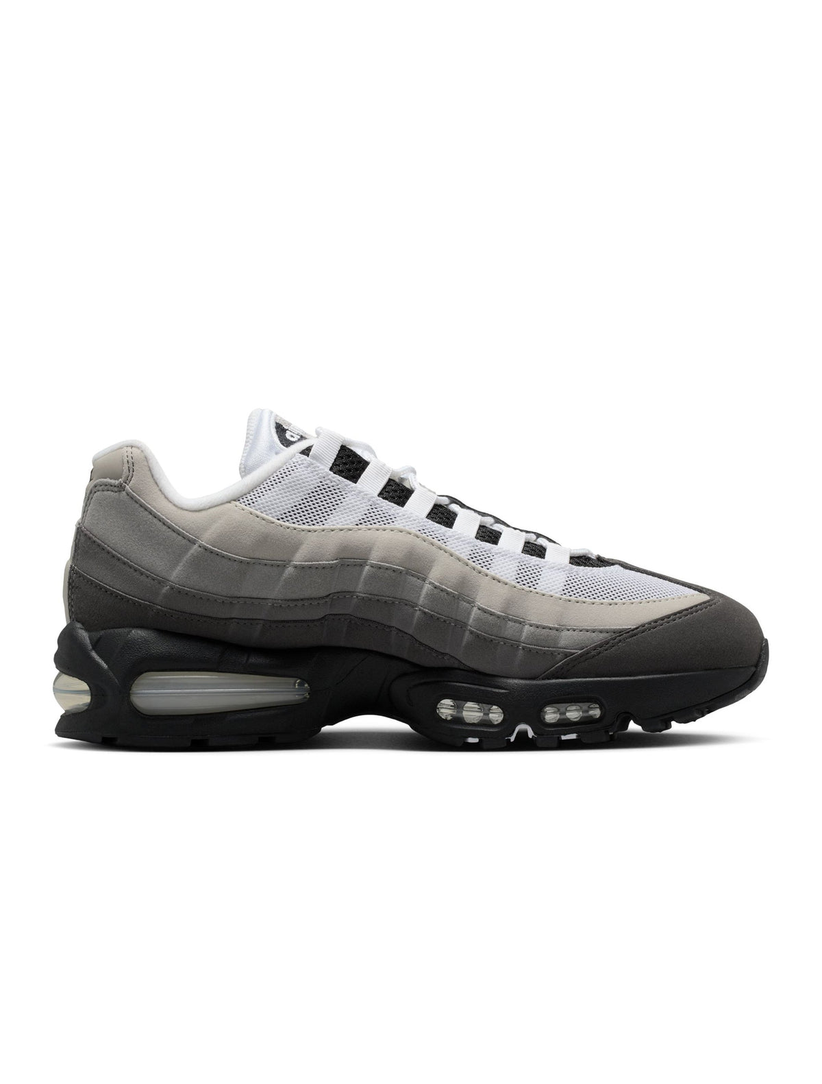 Nike men's Air Max 95 OG sneakers in black and medium ash with layered upper and visible Air cushioning