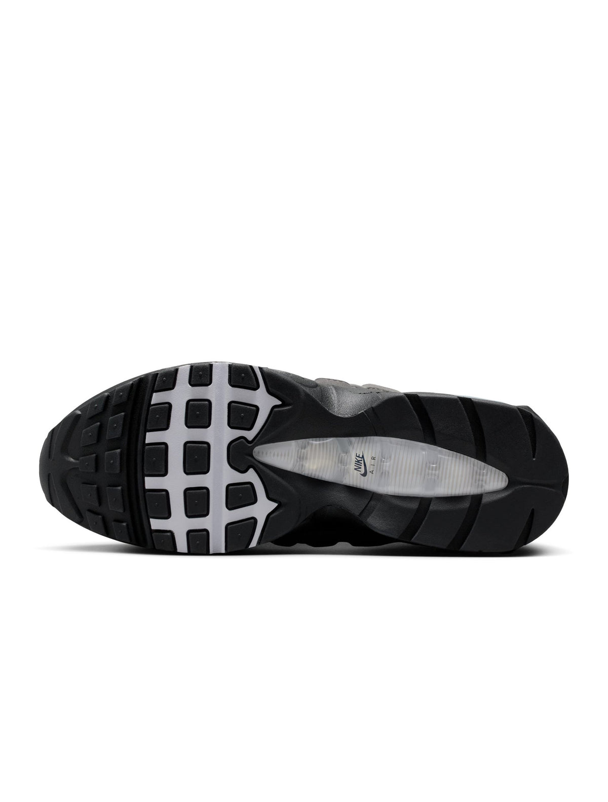 Nike men's Air Max 95 OG sneakers in Black and Medium Ash with layered panels and visible Air cushioning