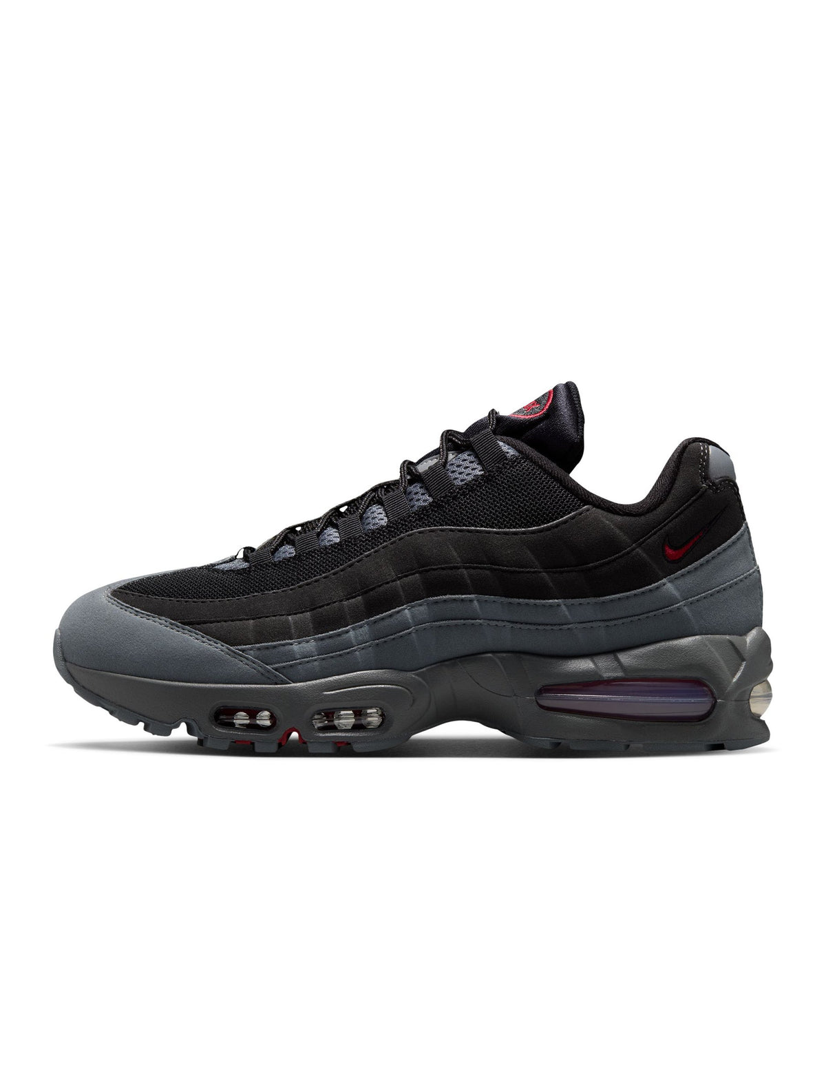 Nike Mens Air Max 95 Big Bubble OG sneakers in black and tough red, showcasing the iconic design and visible air cushioning.