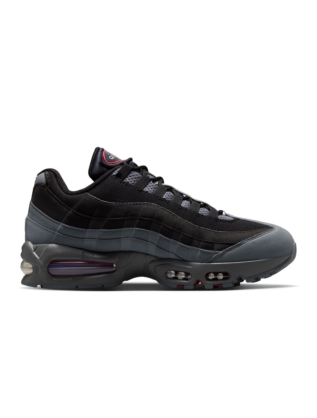 Nike Mens Air Max 95 Big Bubble OG sneakers in black and tough red, showcasing the iconic design and cushioning details.