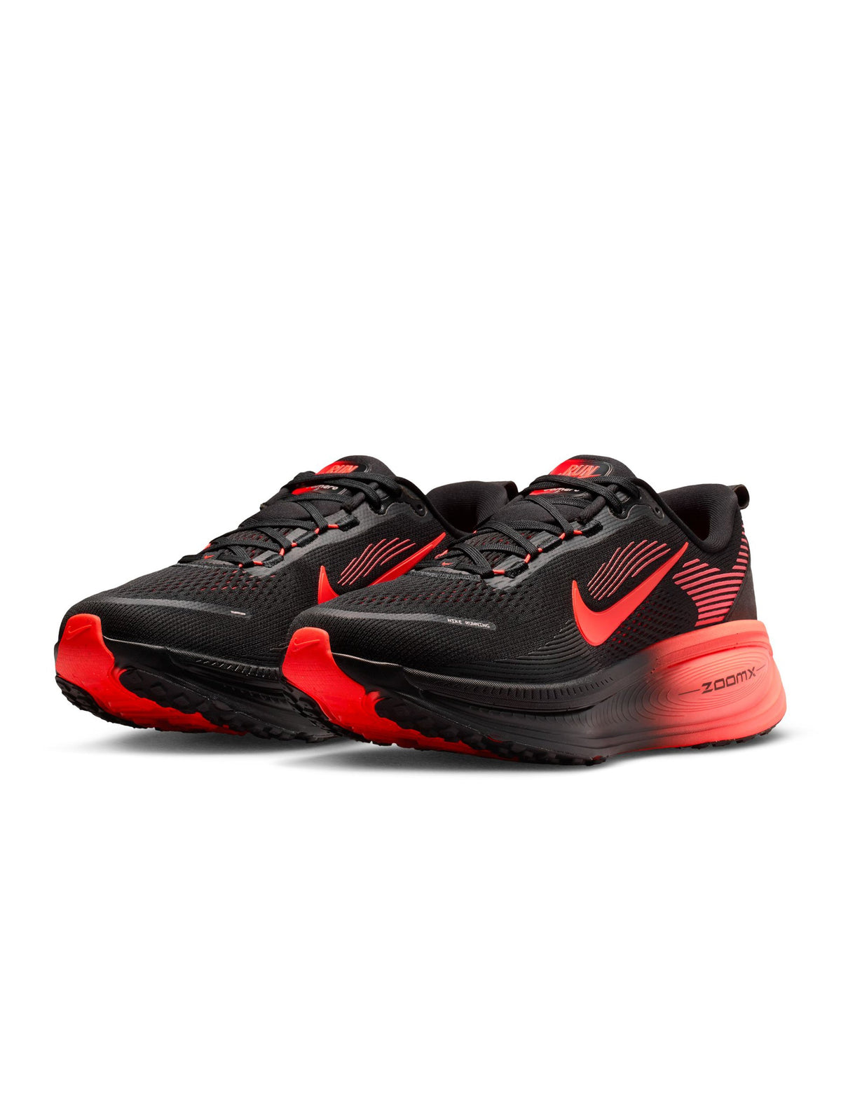 Nike men's Vomero 18 footwear in Black and Bright Crimson sneakers, side view