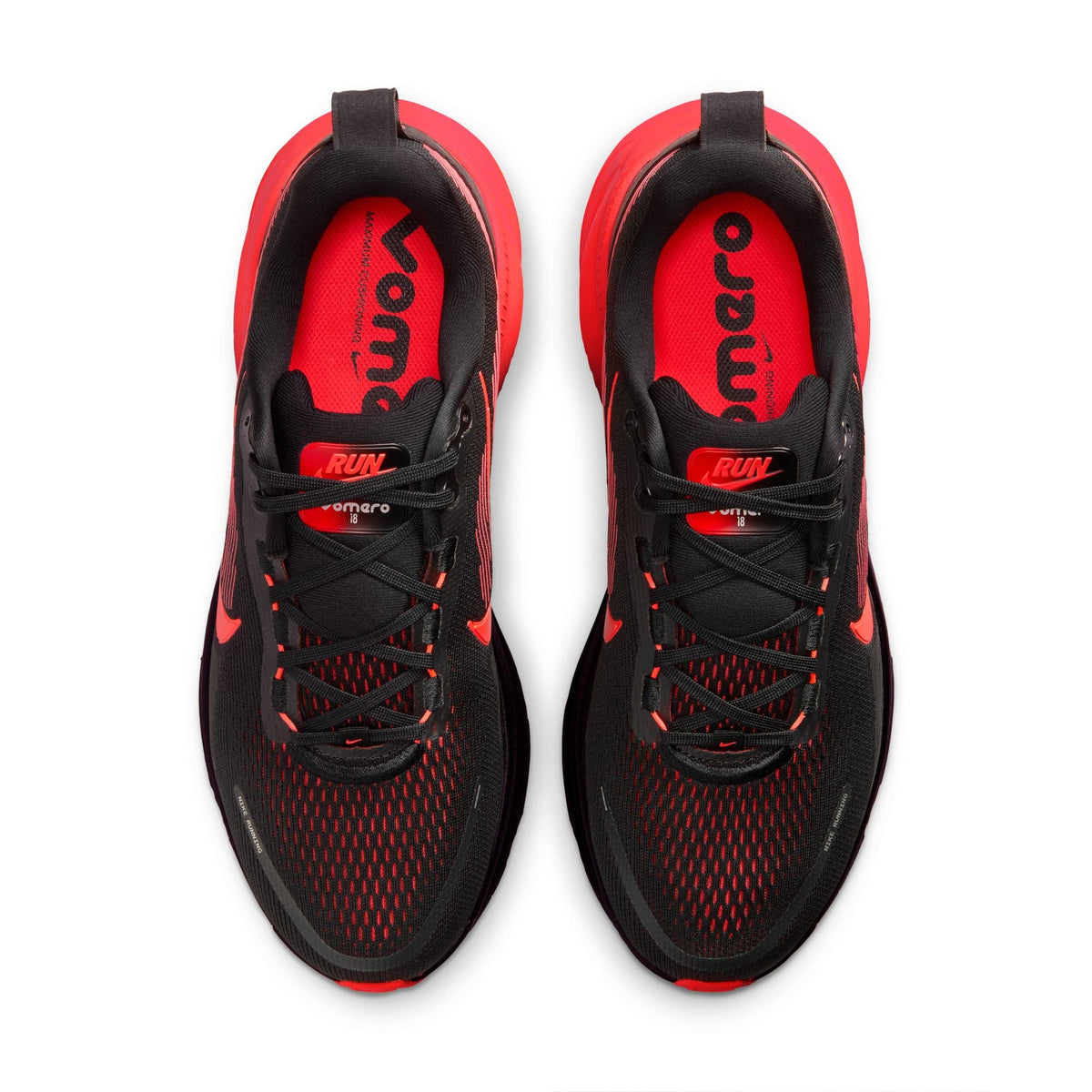 Nike men's Vomero 18 footwear in black with bright crimson accents