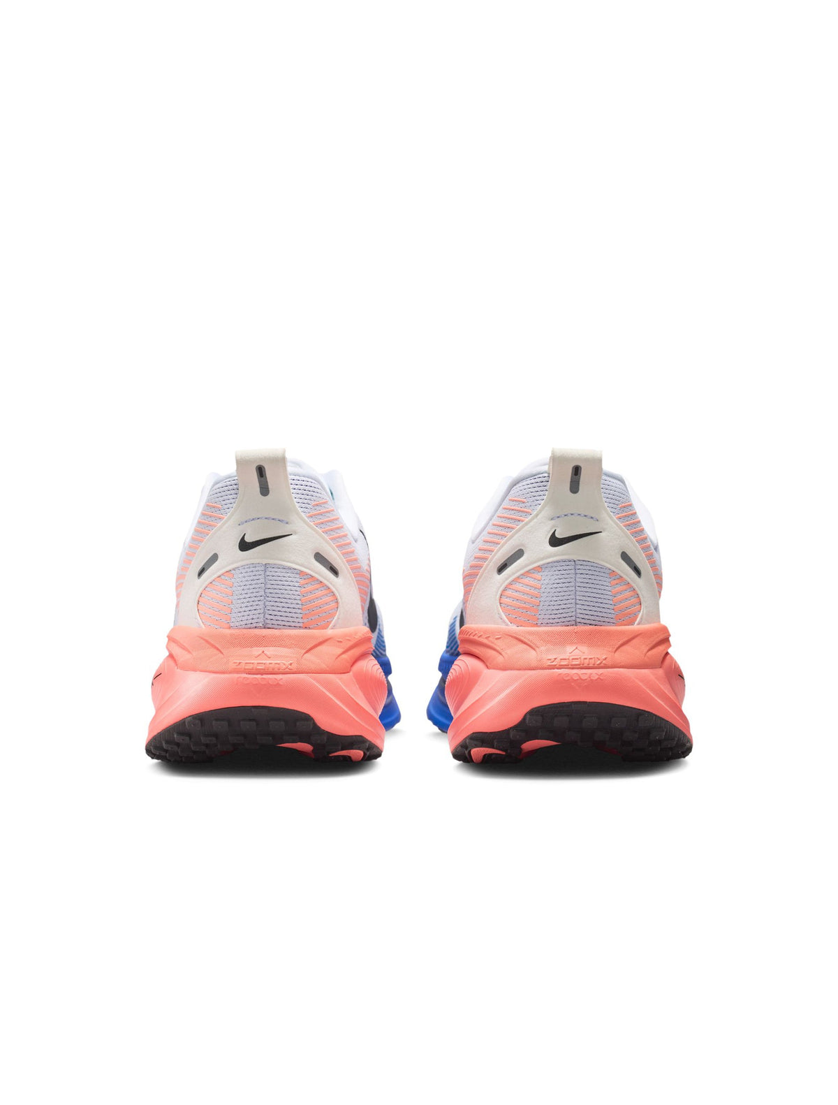 Nike Mens Vomero 18 running shoes in white and blue, featuring sleek design and supportive cushioning.