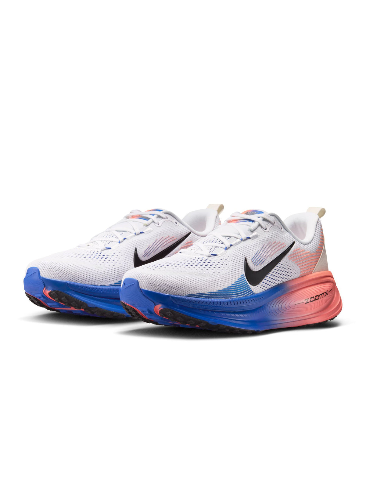 Nike men's Vomero 18 running shoes in white and blue, featuring lightweight design and breathable mesh uppers.