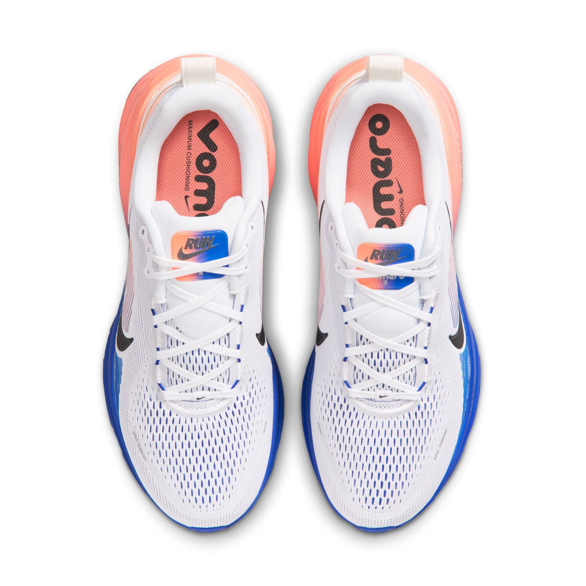 Nike Mens Vomero 18 running shoes in white and blue, featuring a sleek design and breathable mesh upper.
