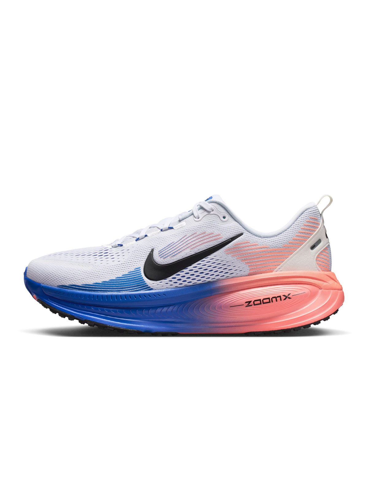 Nike Mens Vomero 18 running shoes in white and blue, featuring breathable mesh and cushioned soles for comfort.
