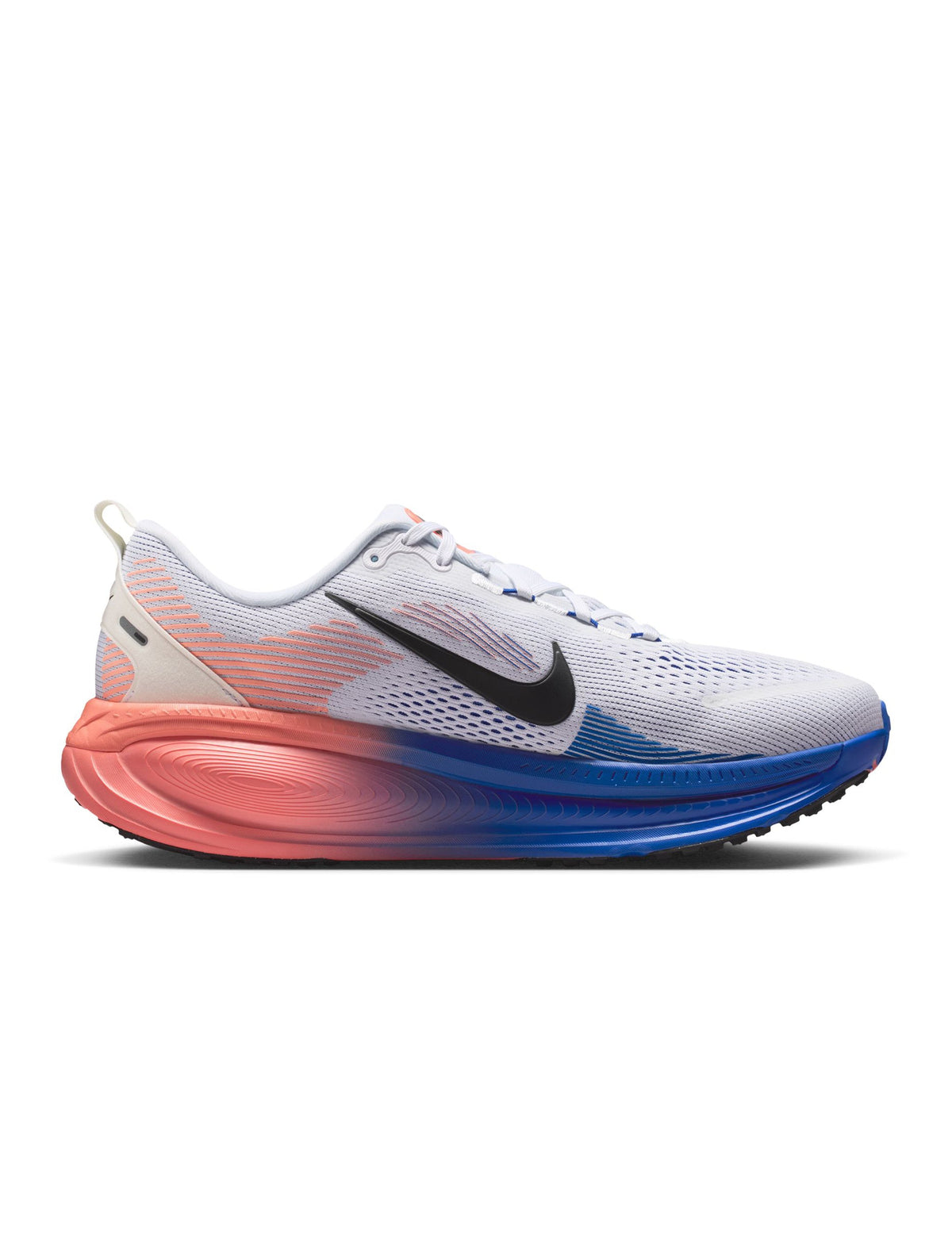 Nike Mens Vomero 18 running shoes in white and blue, featuring breathable mesh and cushioned sole for comfort and support.