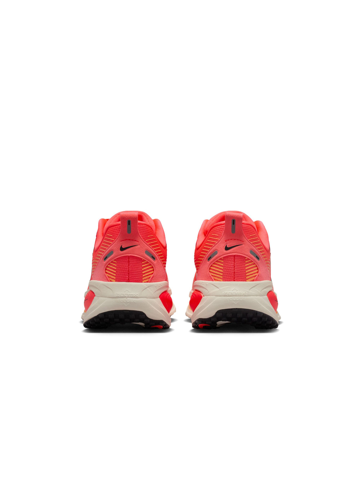 Nike Womens Vomero 18 Hot Lava running shoes with bright orange and black design, athletic footwear for women.
