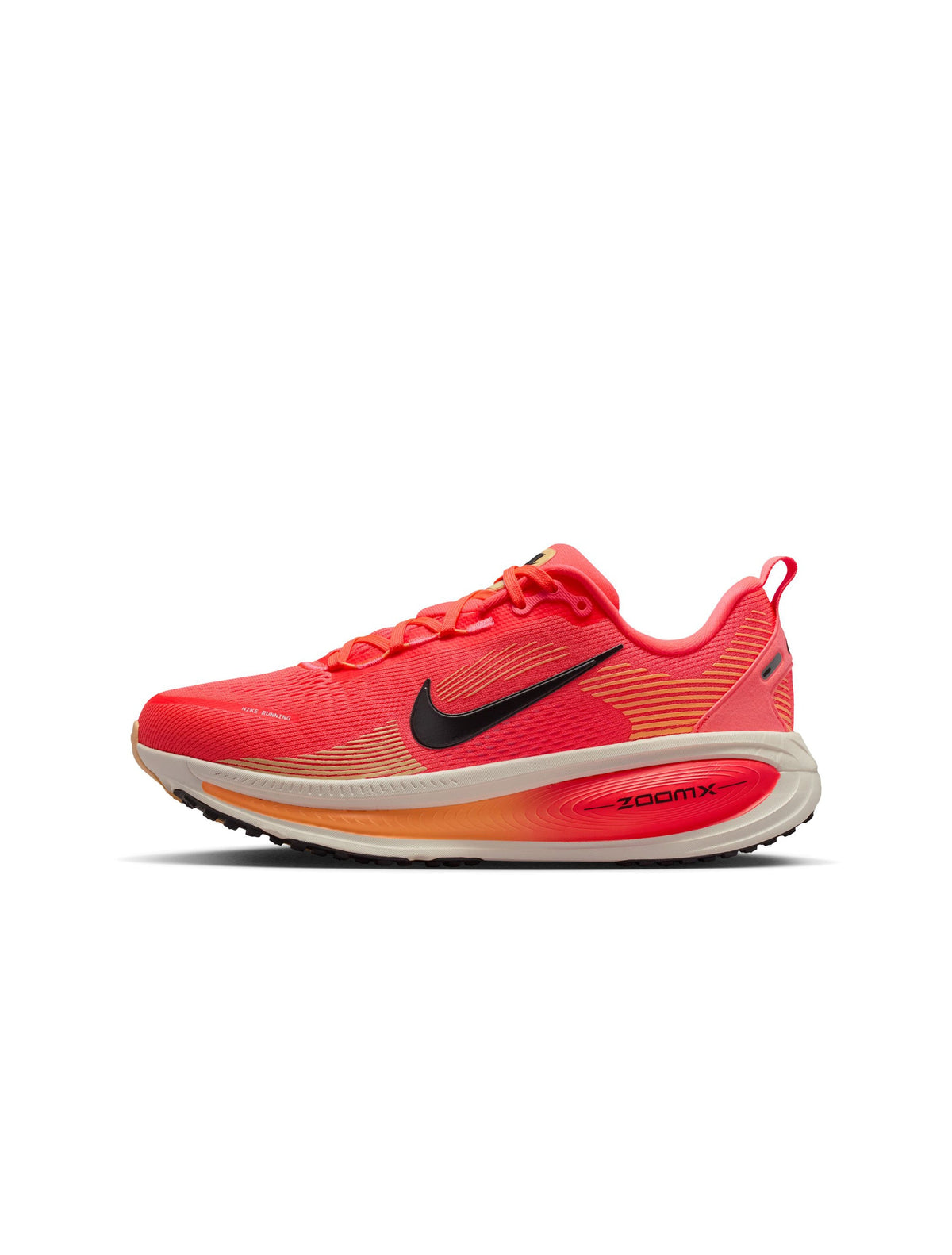 Nike Women’s Vomero 18 running shoes in Hot Lava color, featuring breathable mesh and supportive cushioning.