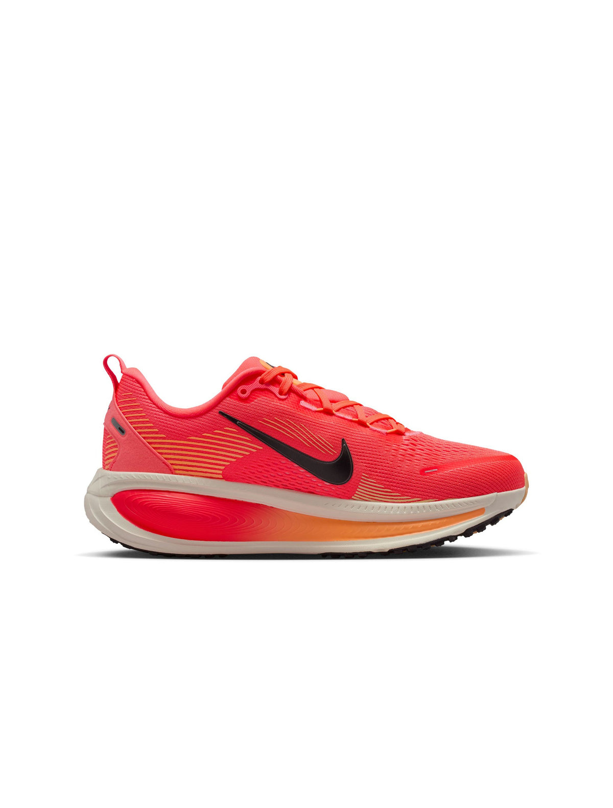 Nike Womens Vomero 18 running shoes in Hot Lava color, featuring breathable mesh and supportive cushioning.