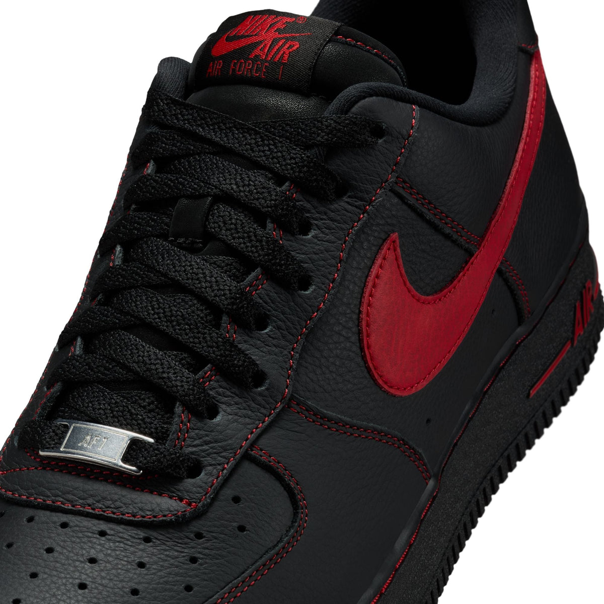 Nike men's Air Force 1 '07 LV8 black and University Red sneakers, side view