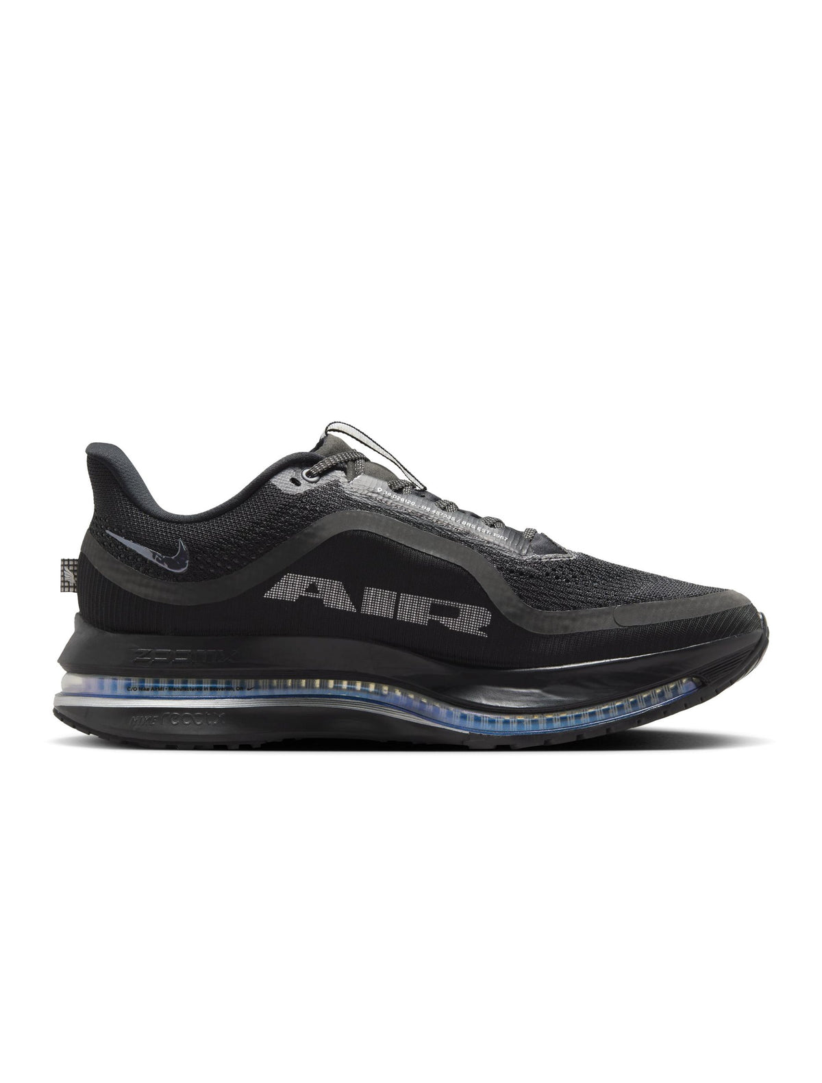 Nike Men's Pegasus Premium black footwear, side view with streamlined running shoe design