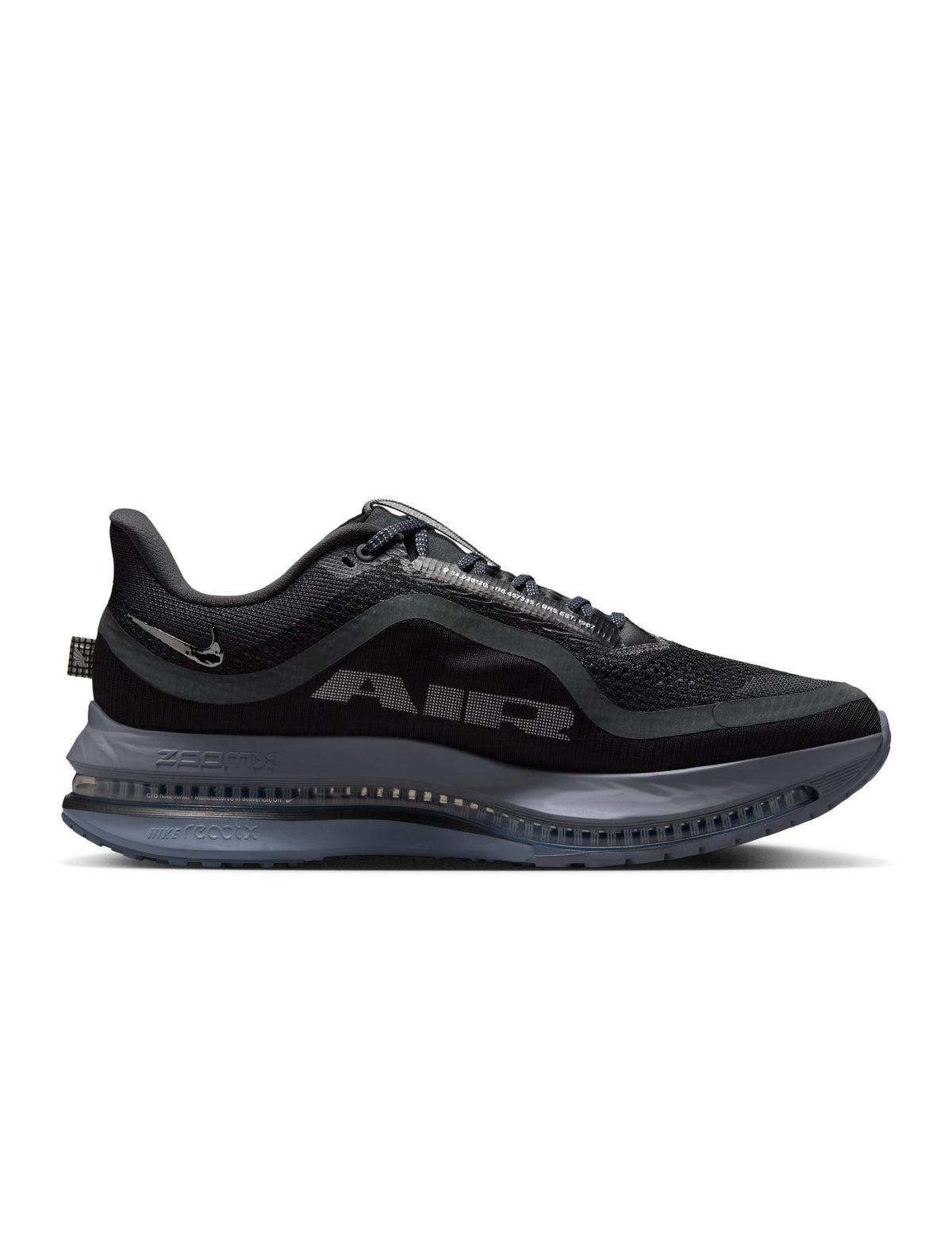 Nike Men's Pegasus Premium Anthracite running shoes, side view in dark gray with textured upper and cushioned sole