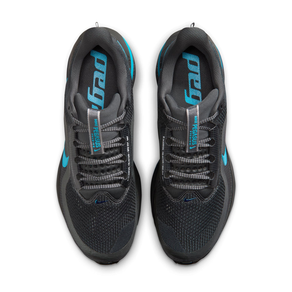 Nike men's Pegasus Premium sneakers in anthracite and current blue, featuring a sleek athletic design and breathable mesh upper.