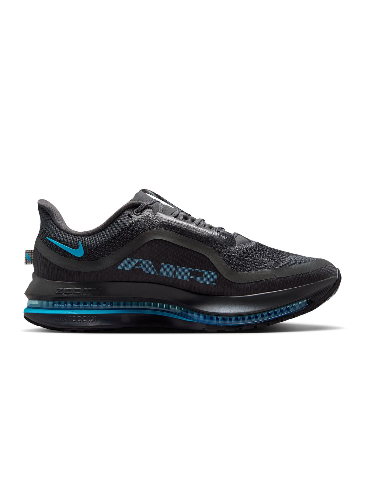 Nike men's Pegasus Premium sneakers in anthracite and current blue, featuring breathable mesh and cushioned soles for comfort.