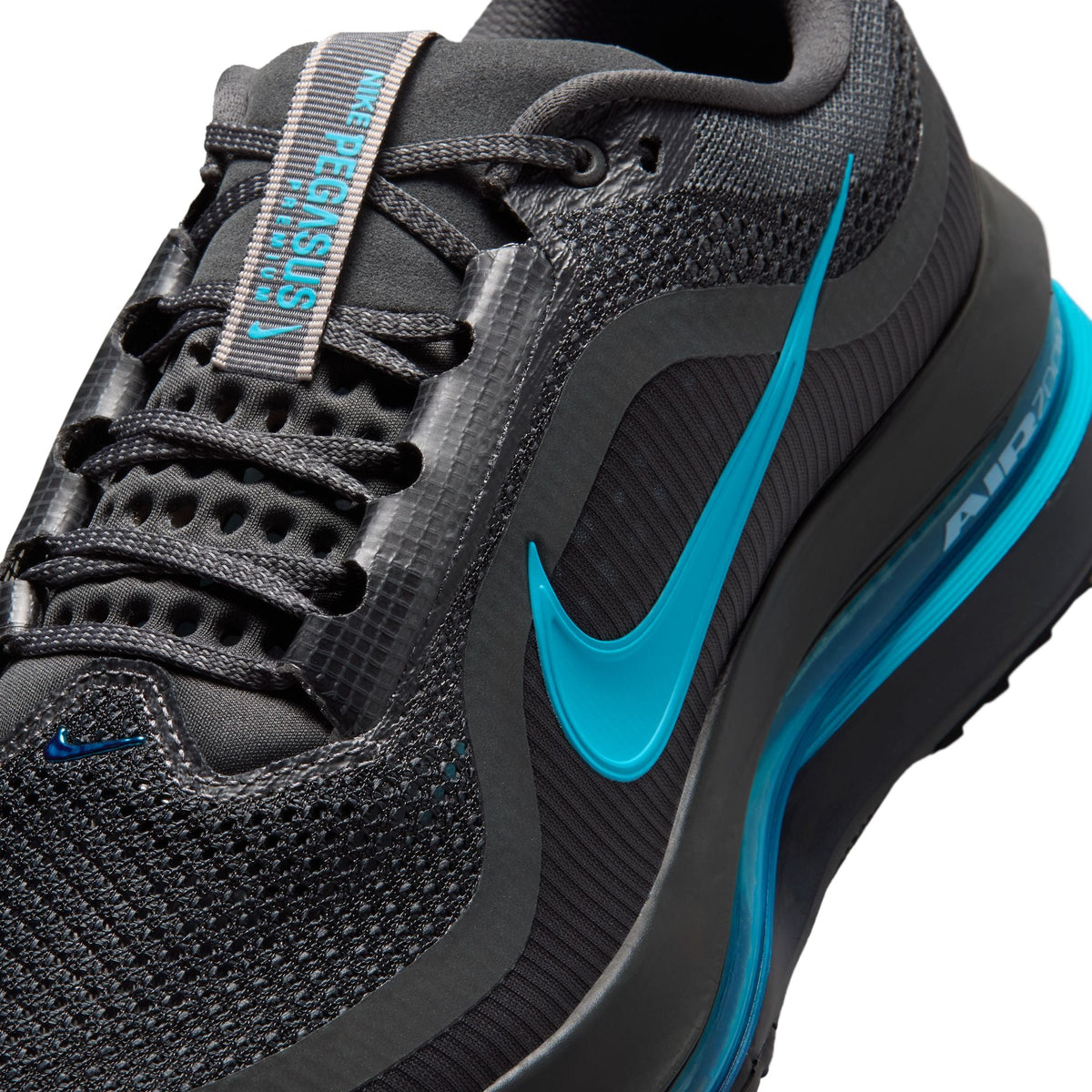 Nike Mens Pegasus Premium sneakers in anthracite and current blue, featuring breathable mesh and cushioned sole for comfort.