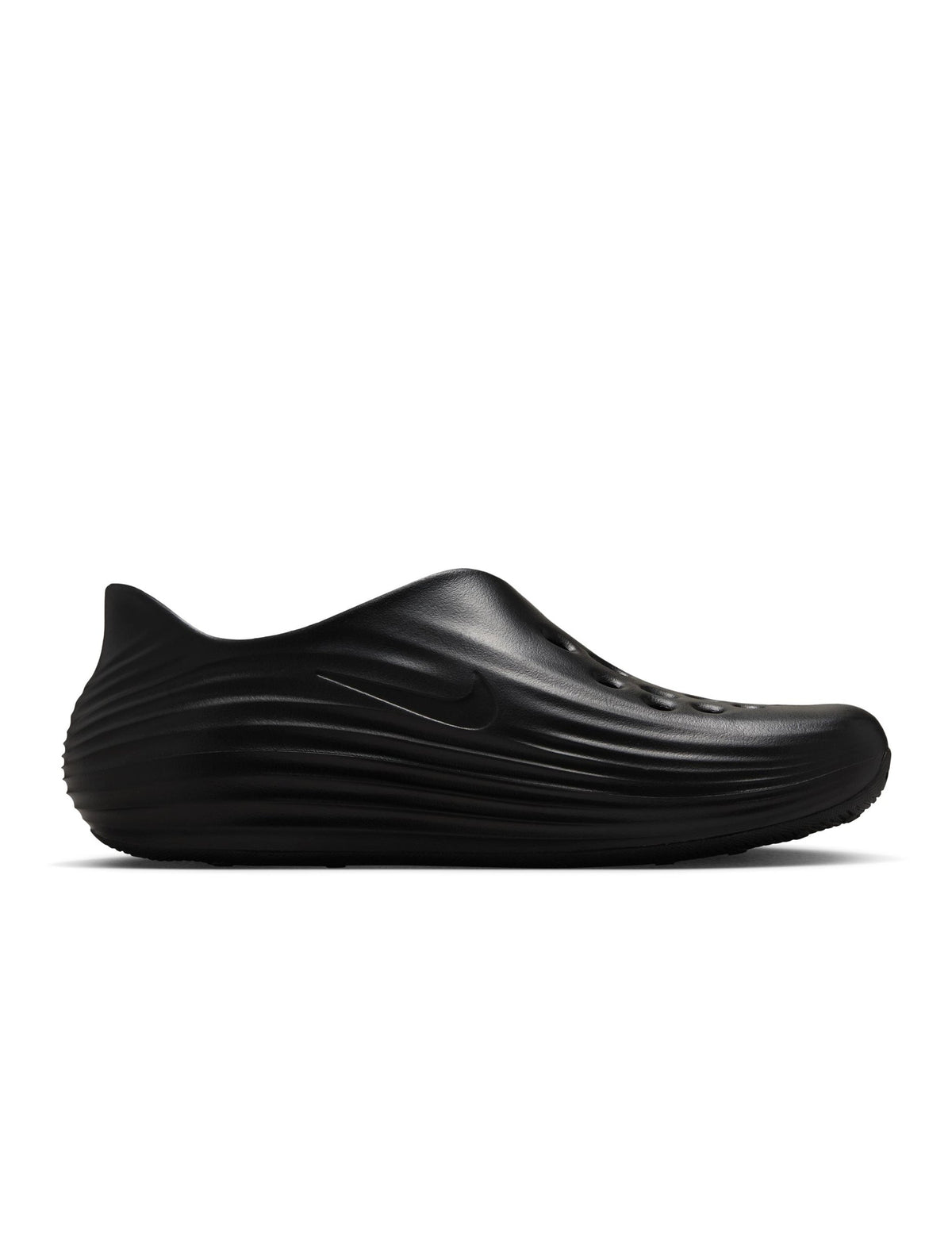 Nike men's ReactX Rejuven8 Triple Black footwear in black, side view.