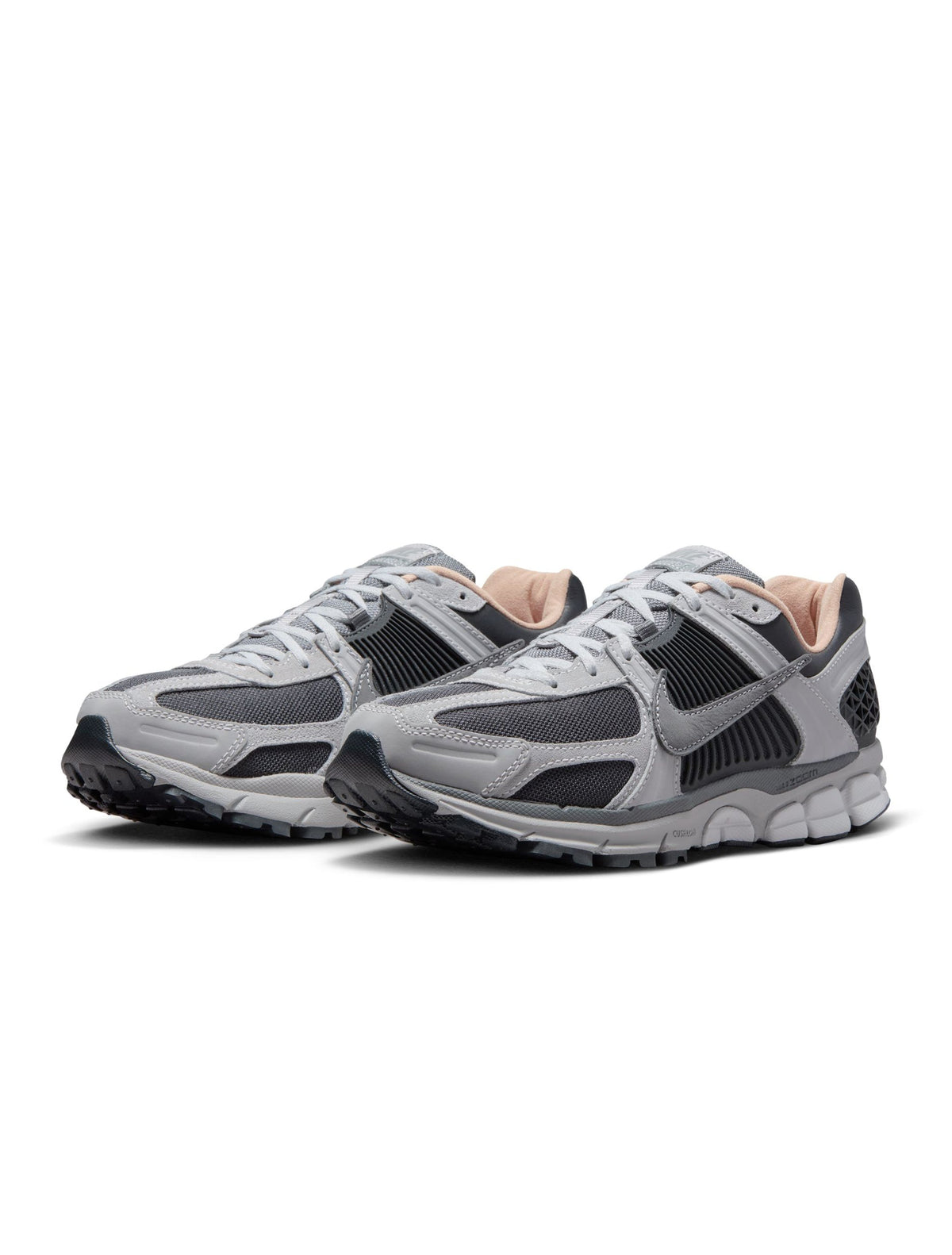 Nike men's Zoom Vomero 5 sneakers in smoke grey, side view with layered mesh and suede detailing