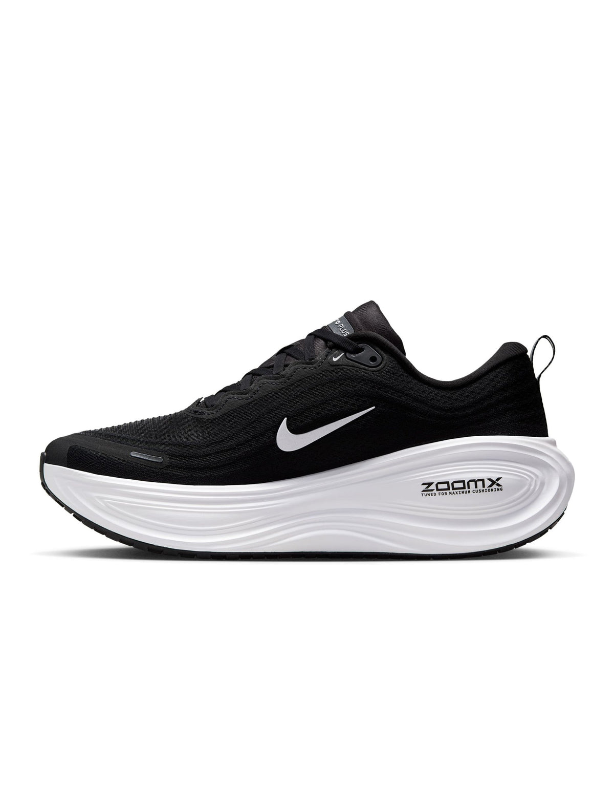 Denim Exchange men's Nike Vomero Plus footwear in black and white, side view