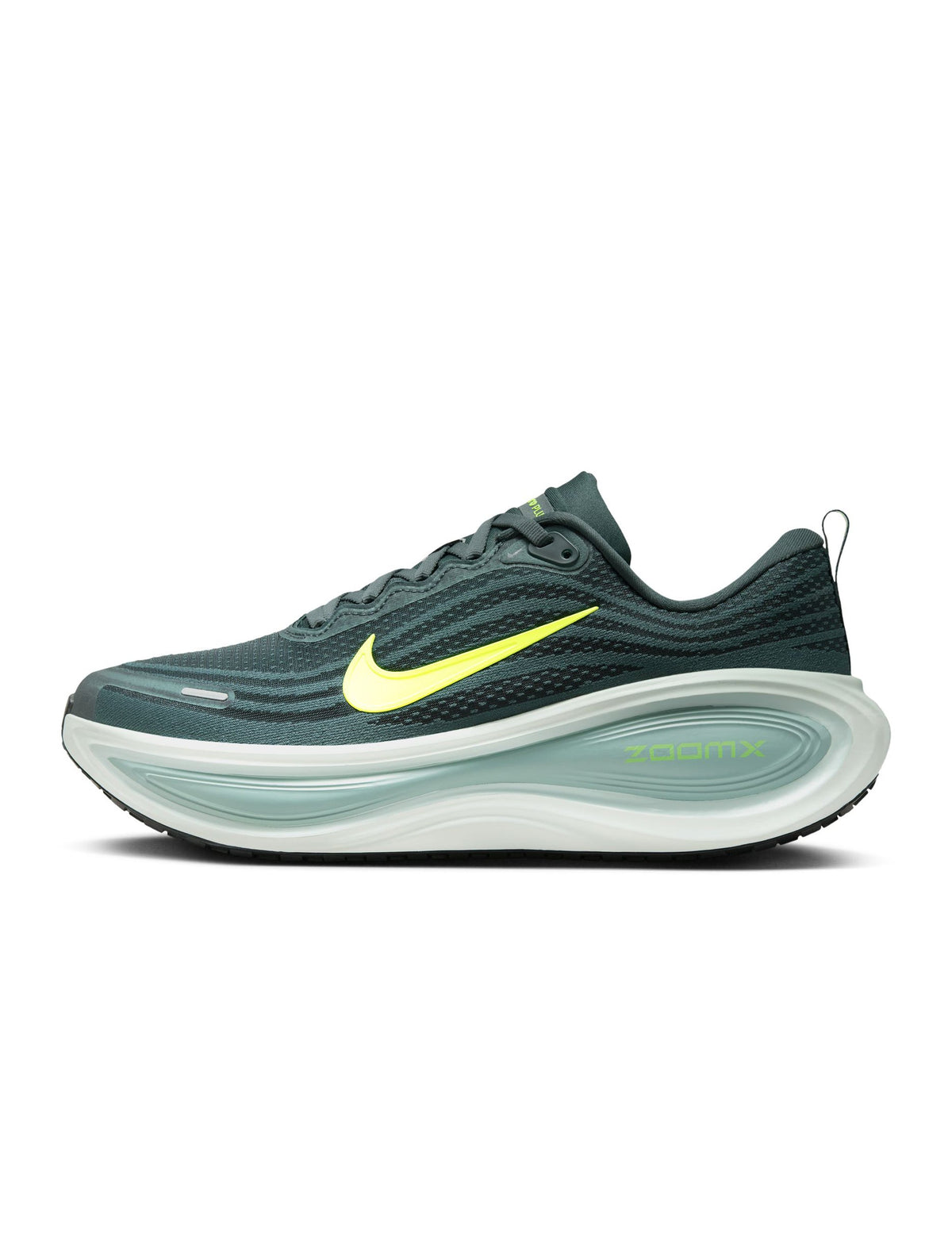 Nike Men's Vomero Plus Seaweed sneakers by Denim Exchange, side view in green with cushioned sole