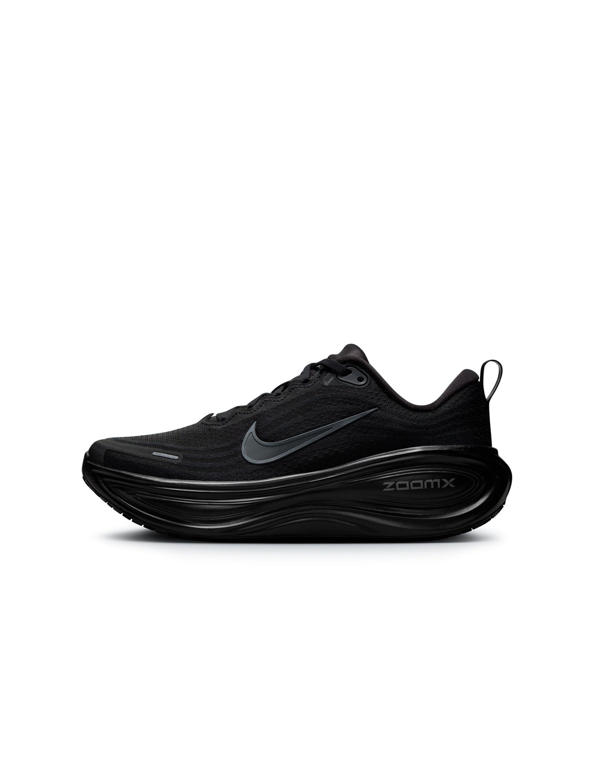 Nike Womens Vomero Plus black athletic shoes with mesh uppers and cushioned soles, designed for comfort and performance.