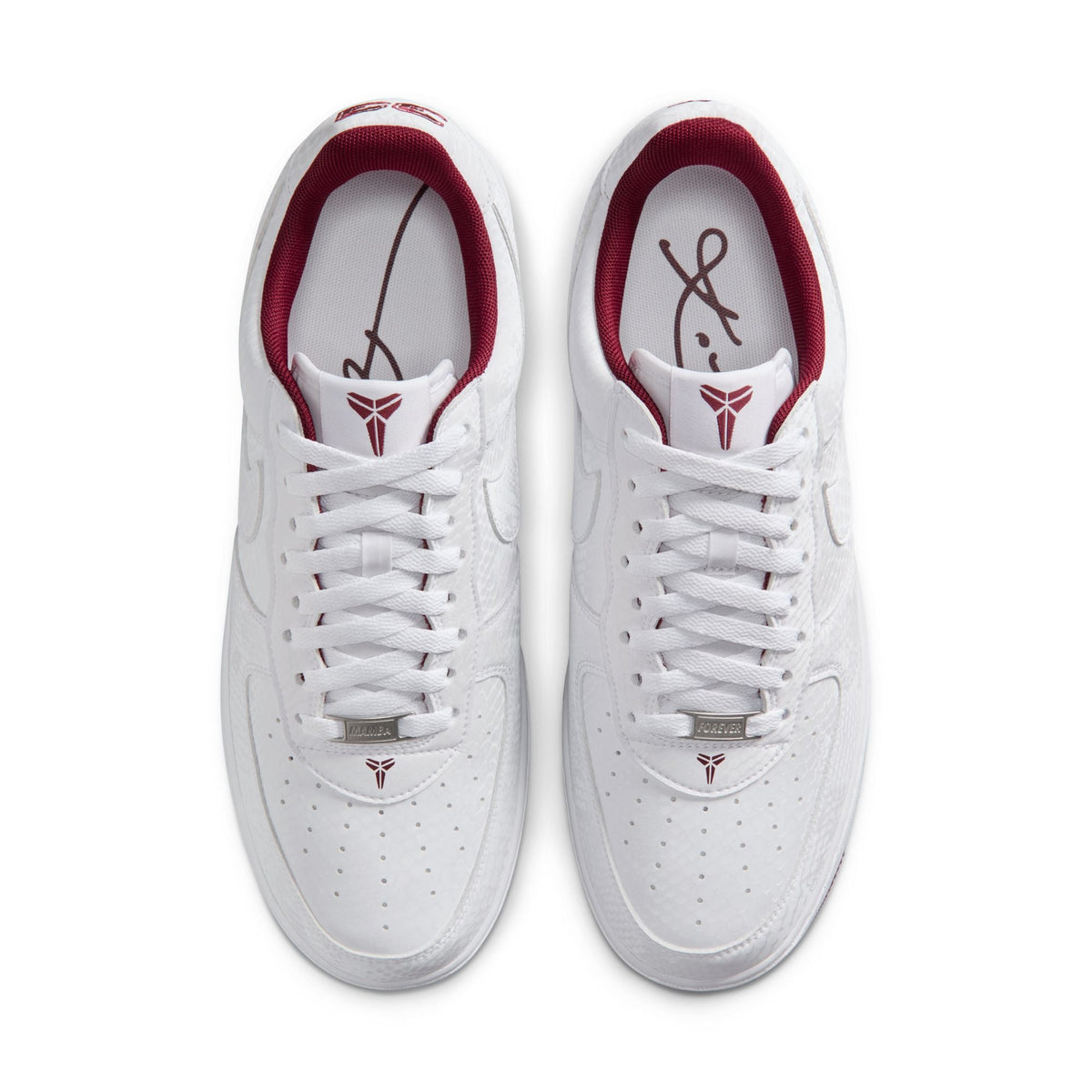 White and team red Nike men's Kobe Air Force 1 Low footwear featuring classic design and Nike branding.