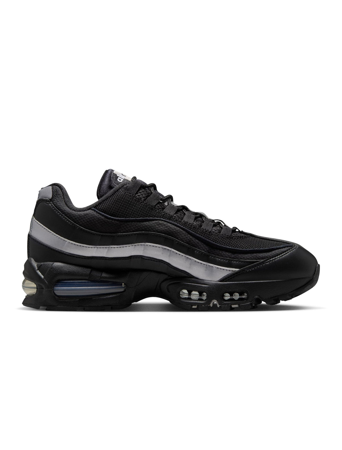 Nike Mens Air Max 95 Big Bubble black and metallic silver sneakers, showcasing the stylish athletic footwear design.
