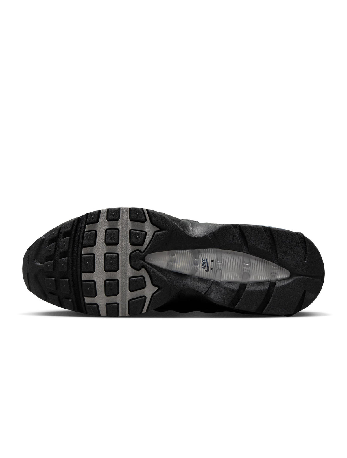 Black Nike Air Max 95 men's sneakers with metallic silver accents, showcasing the iconic design and cushioning.