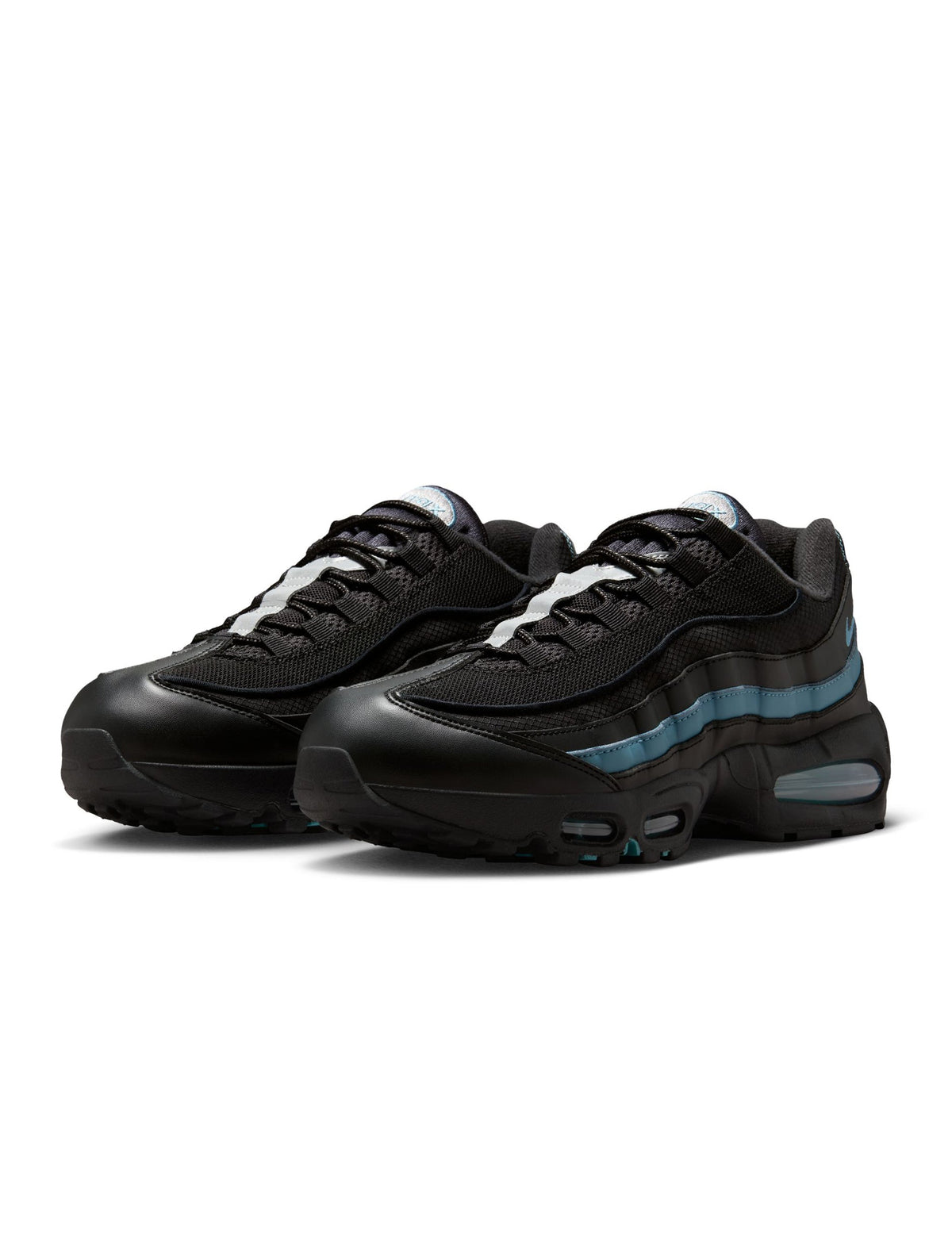 Nike Mens Air Max 95 "Big Bubble" black and smokey blue athletic shoes, showing side view with visible air cushioning and stylish design.
