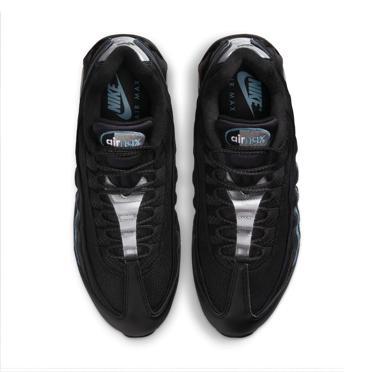 Nike Mens Air Max 95 "Big Bubble" black and smokey blue athletic sneakers with visible air cushioning, side and top view.