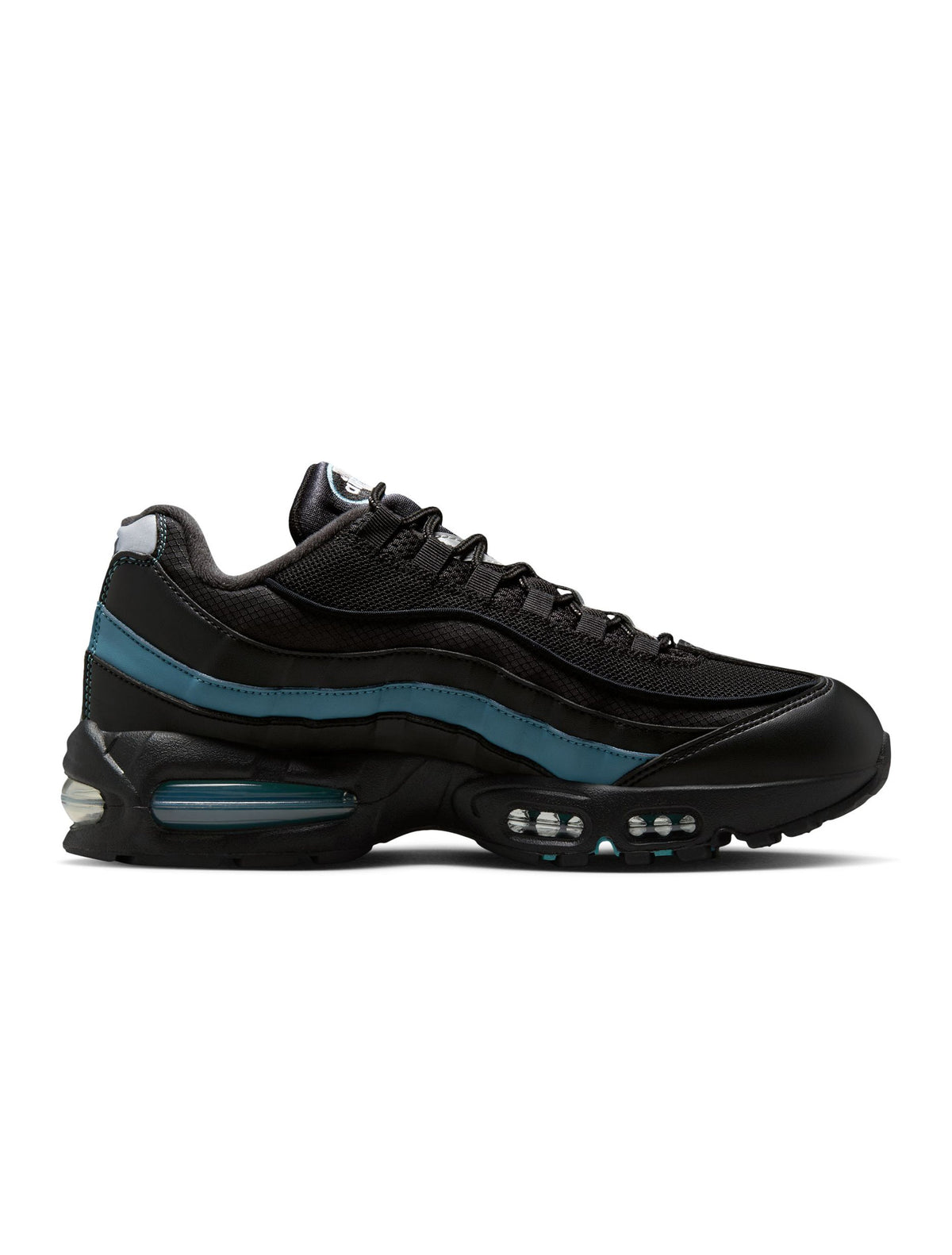 Nike Mens Air Max 95 Big Bubble black and smokey blue sneakers, showcasing the layered design and sporty silhouette.