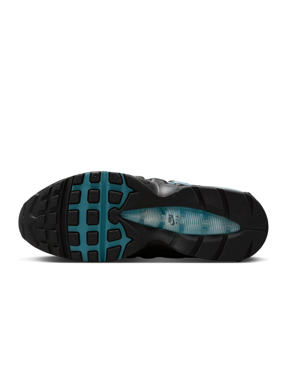 Nike Mens Air Max 95 "Big Bubble" black and smokey blue sneakers, showcasing the layered design and sporty style.