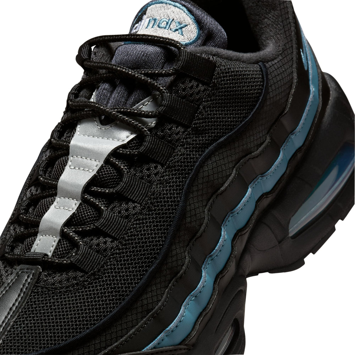 Nike Mens Air Max 95 Big Bubble black and smokey blue athletic sneakers, showcasing the layered design and visible air cushioning.