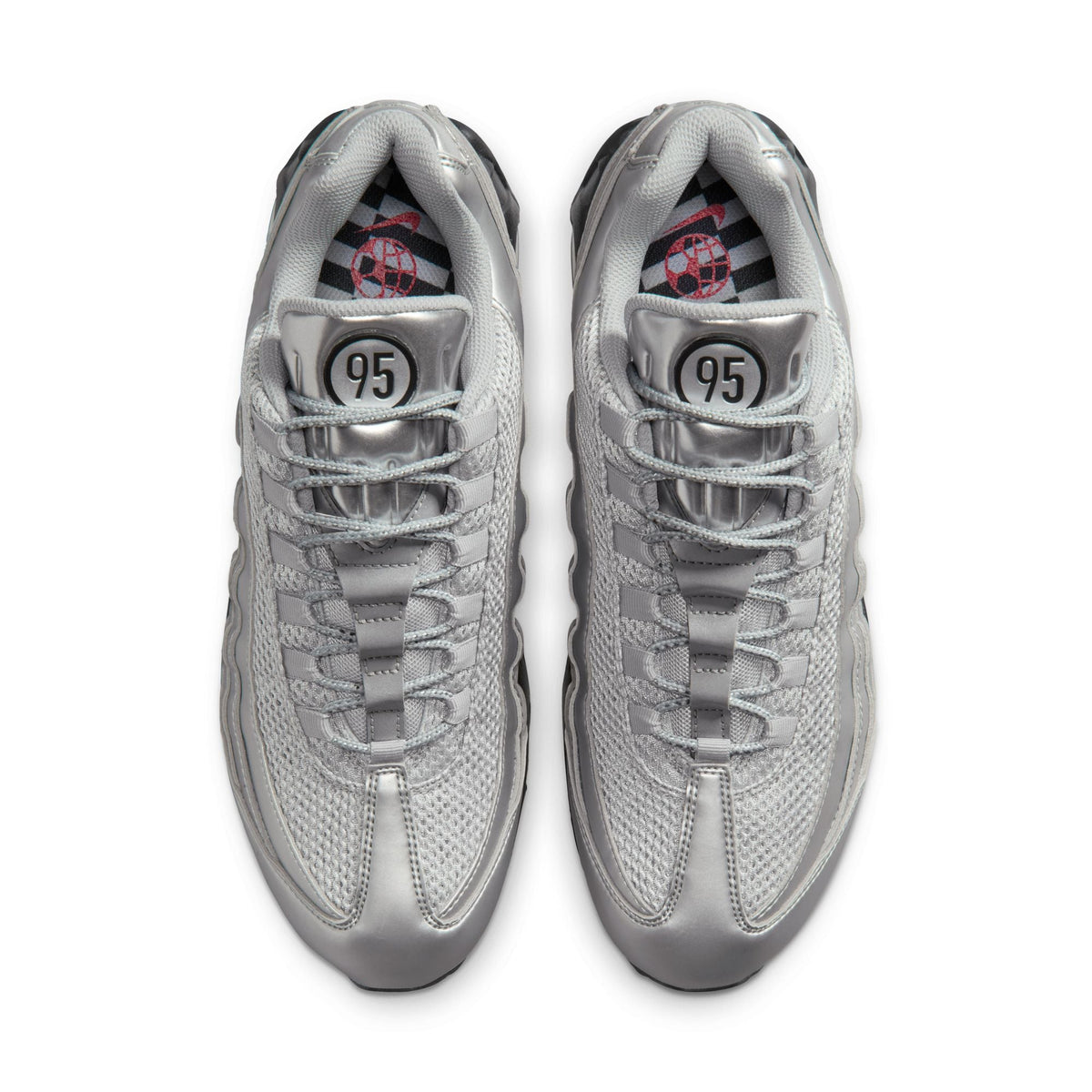 Nike Men's Air Max 95 sneakers in metallic silver, side view.