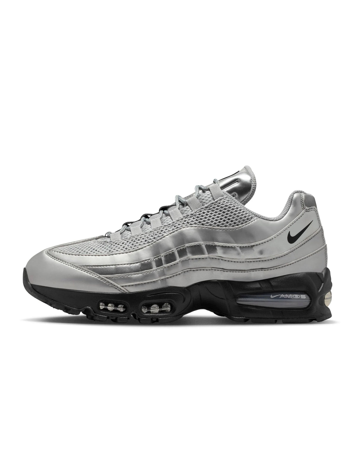 Men's Nike Air Max 95 sneakers in metallic silver with layered panels and visible Air cushioning